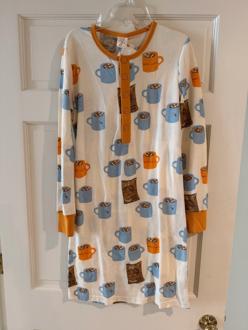 NWT XS White Cozy Mug-Print Thermal Pajama Nightshirt with headband